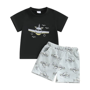 MQTIME  -  Baby Boy Dinosaur Print Short Sleeve T-shirt and Shorts Set Elastic Waistband 2 Piece Summer Outfit for Toddlers